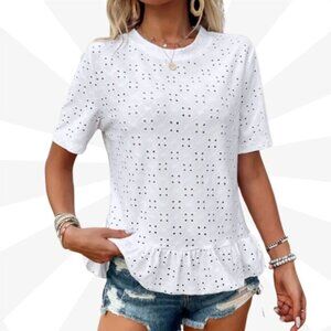 White Basic T Shirt Size S Round Neck Short Sleeve Eyelet Ruffle Casual